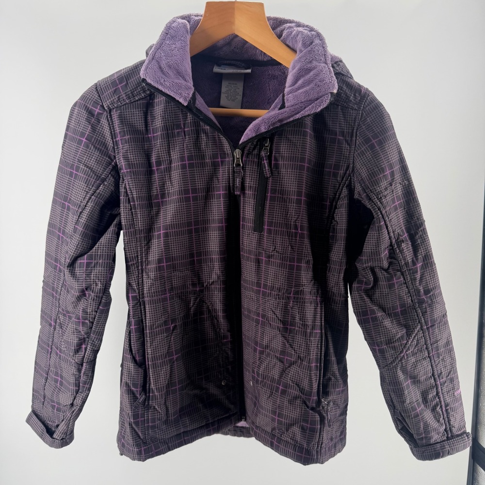Free Country Womens Purple Black Grid Fleece Lined Hooded Jacket-Medium